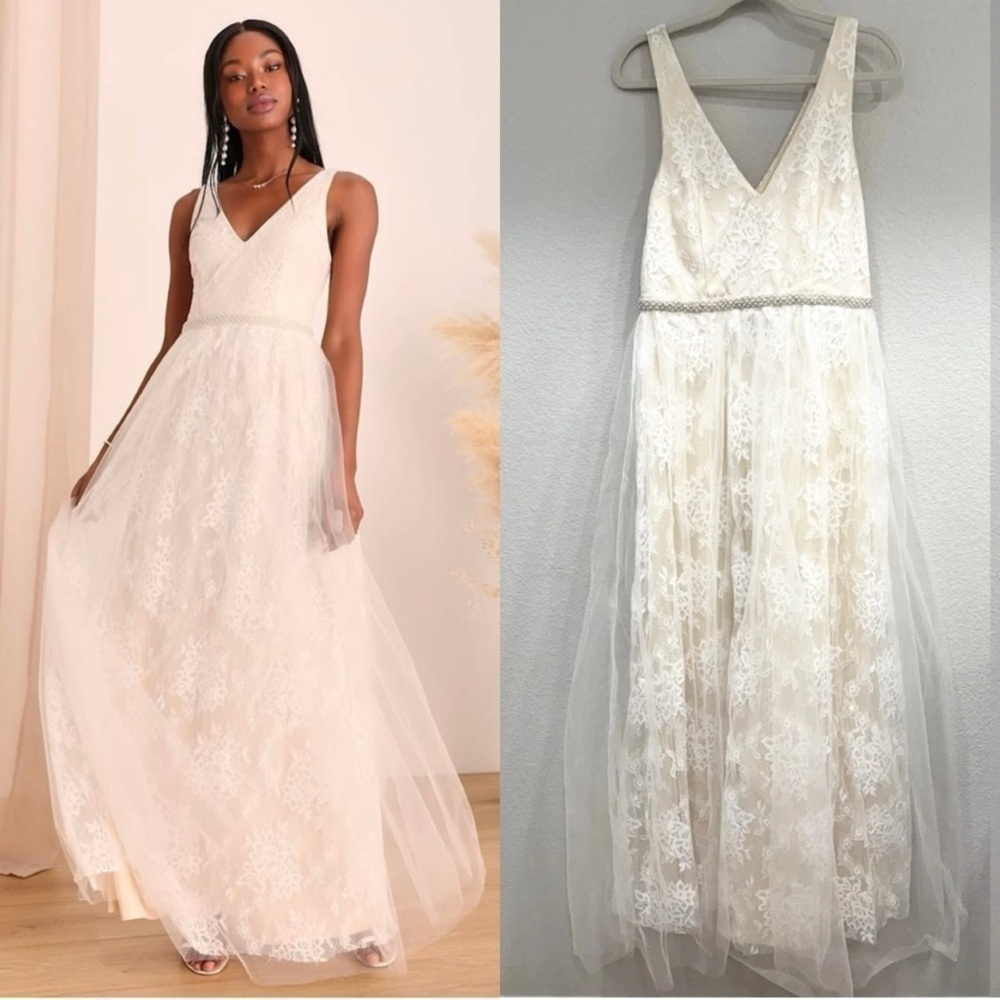 Sz‎ M NWOT Lulus Sweet Love Ivory Lace Beaded Maxi Dress